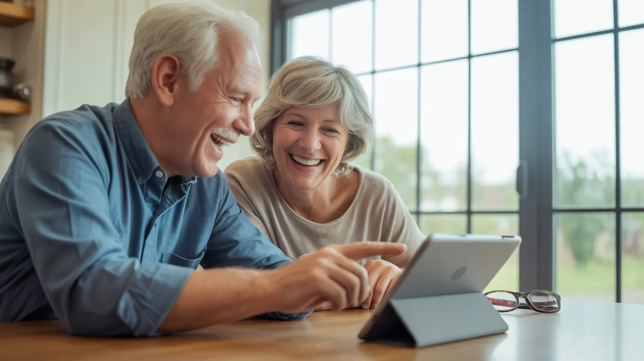 A senior man and woman share a laugh at a kitchen table with a tablet, reading glasses, and coffee, lit by soft window light.