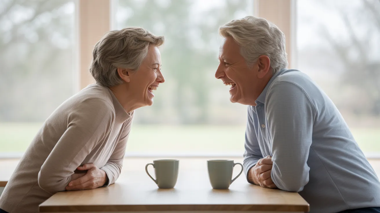An older man and woman are laughing together while sitting with coffee at a bright kitchen table.
