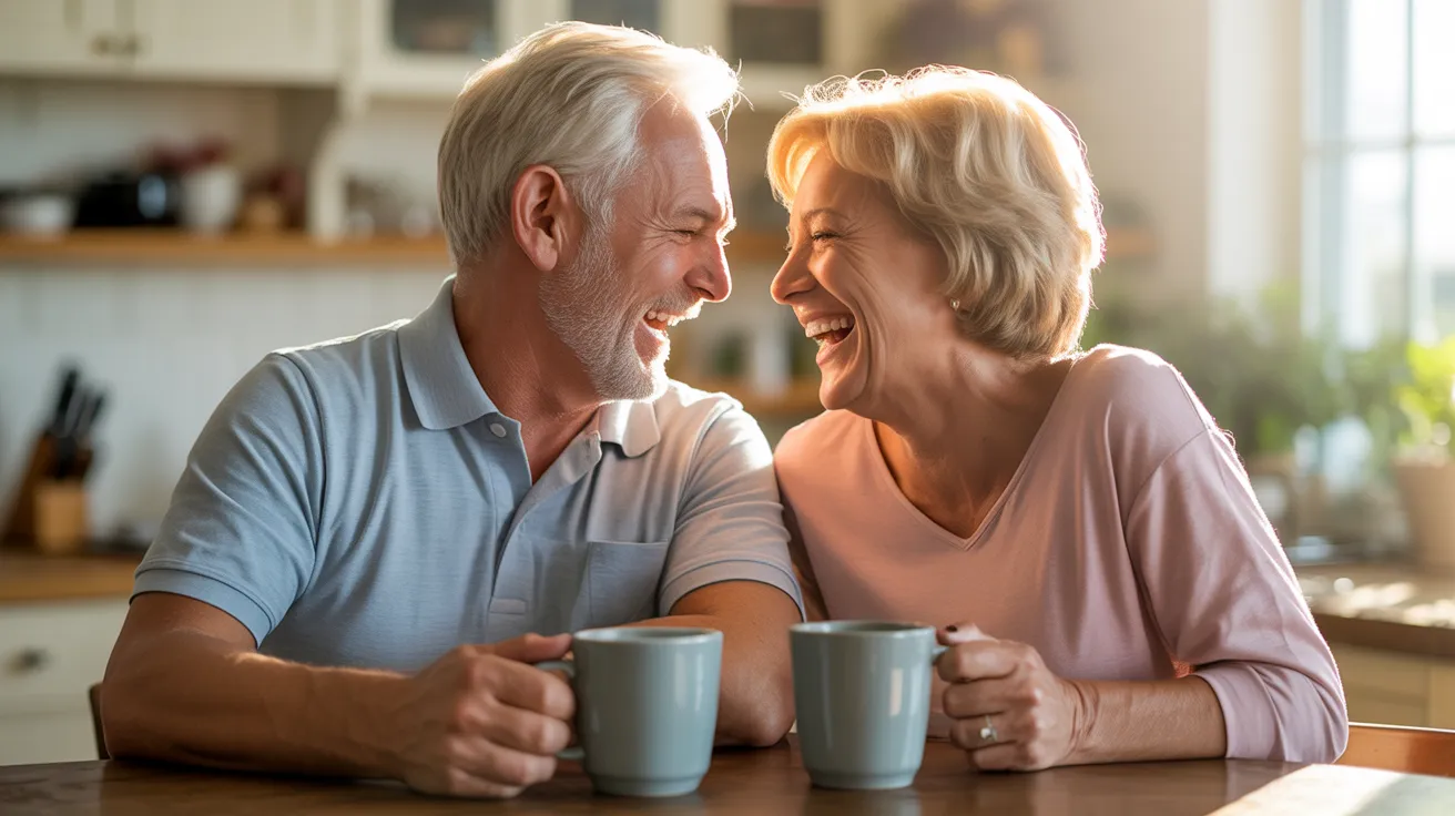 An elderly man and woman laugh together while enjoying coffee at their sunlit kitchen table, planning for their future.