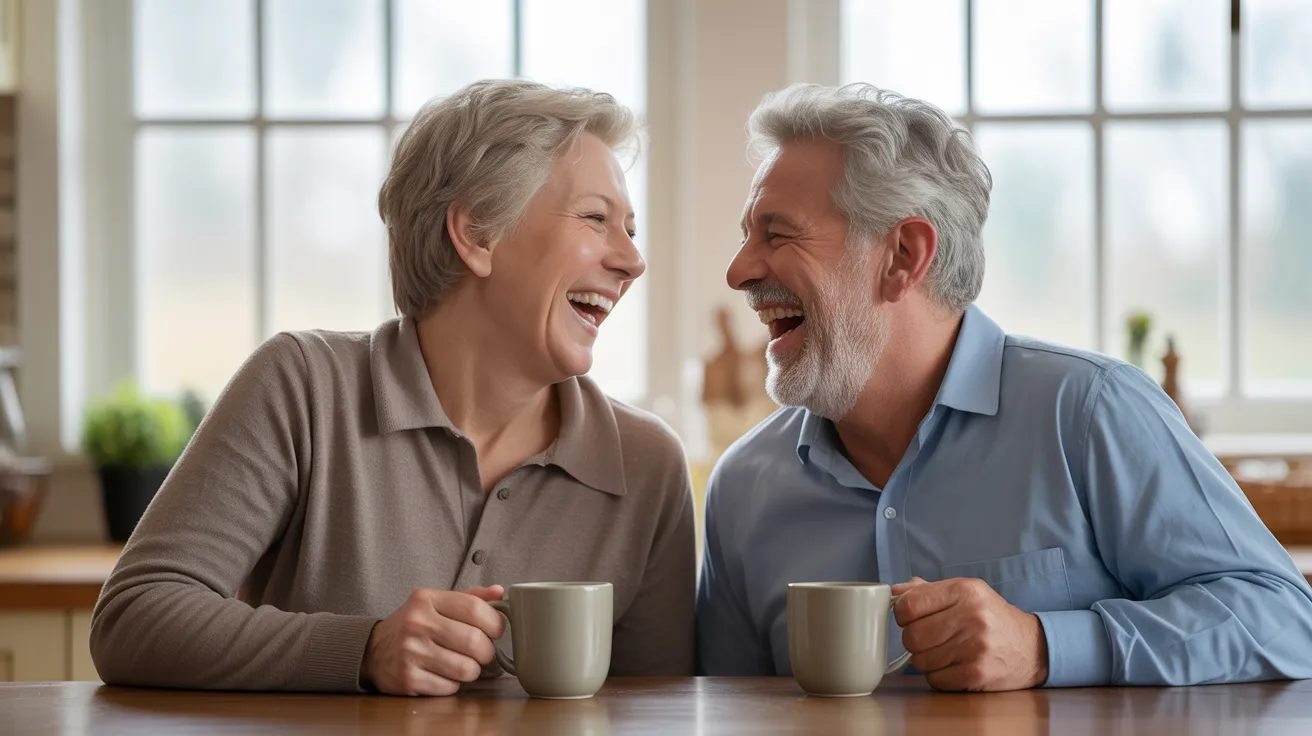 A senior man and woman laugh together while sitting across from each other at a kitchen table with coffee.