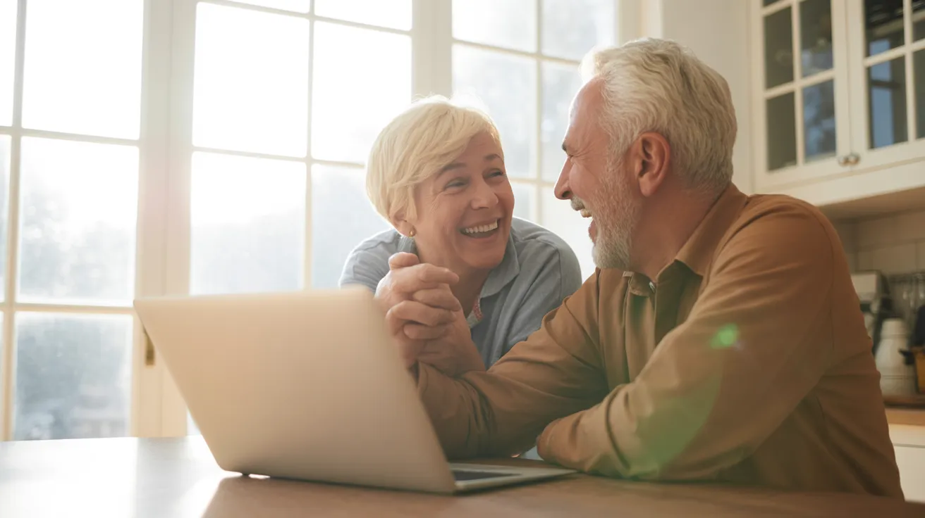 A senior man and woman laugh together while sitting at a kitchen table with a laptop, illuminated by bright, soft window light.