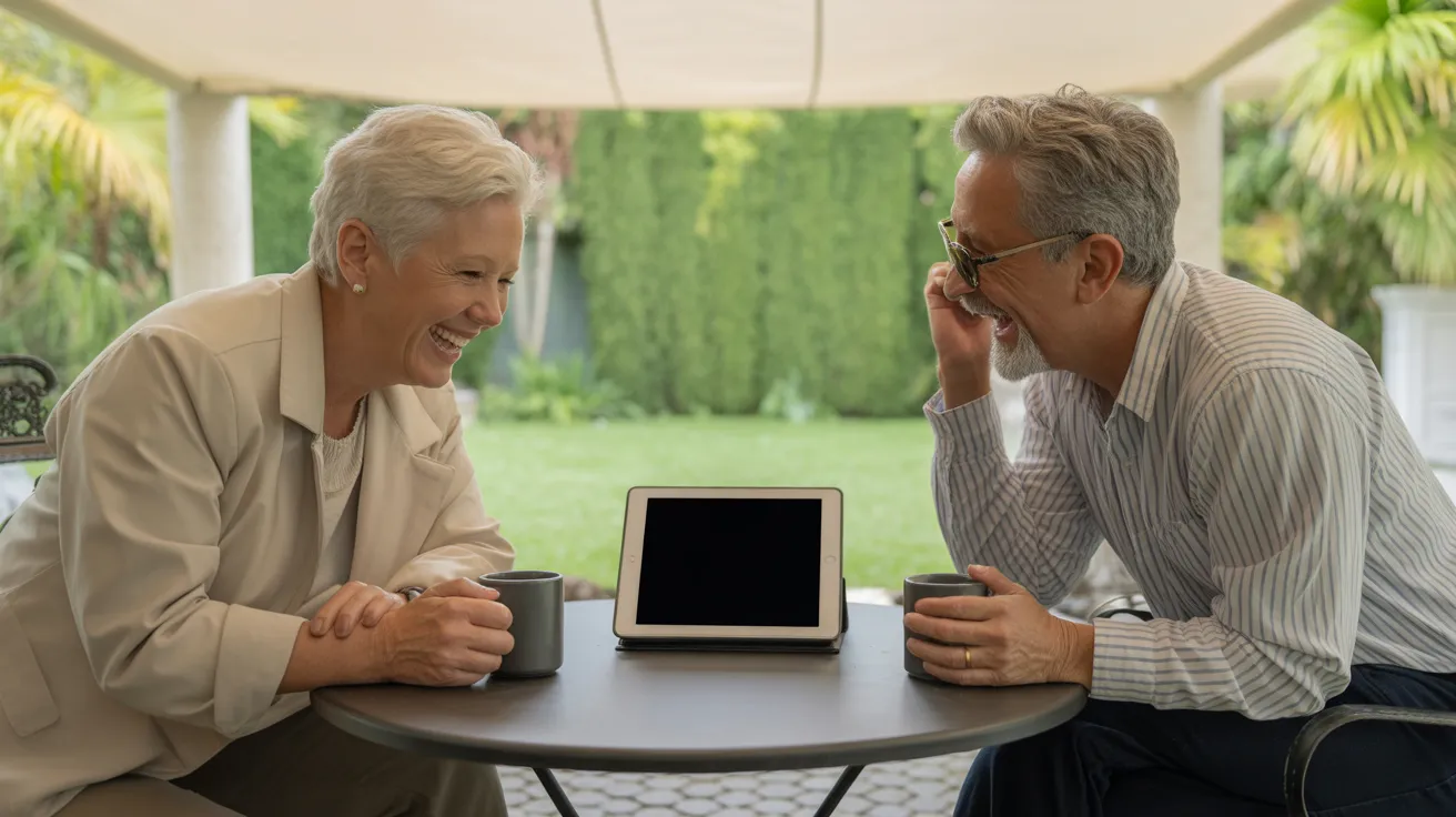 Two smiling seniors sit at a patio table with coffee and a tablet, sharing a happy moment on an overcast day.