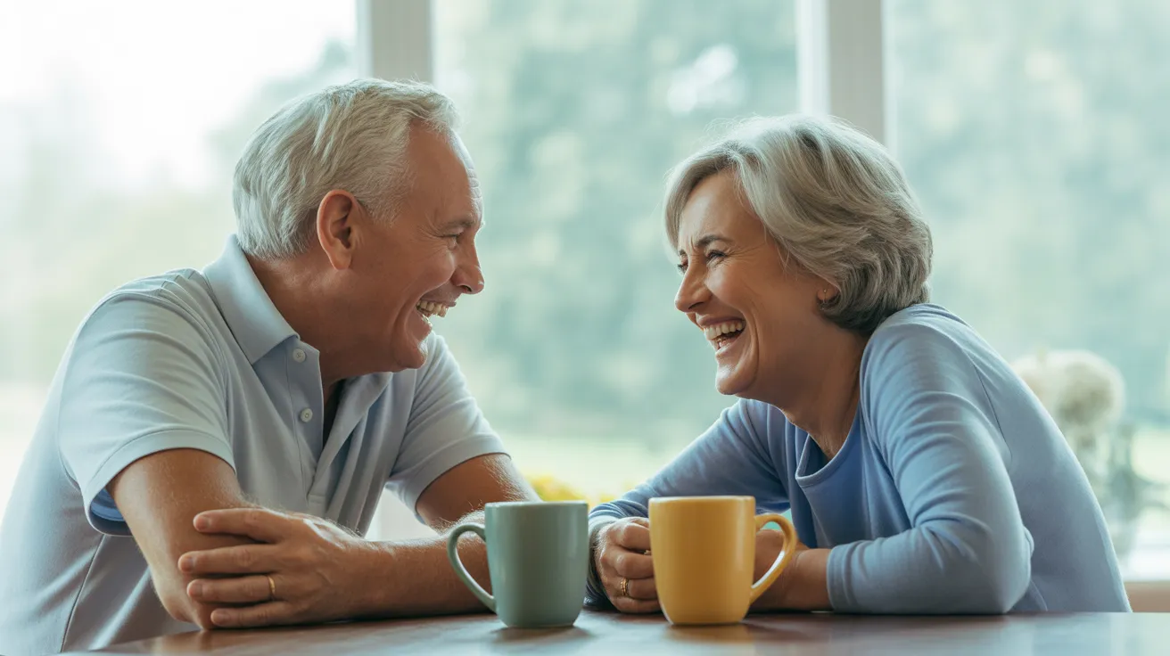 A cheerful senior man and woman laugh together while sitting with coffee at a kitchen table lit by soft, bright window light.