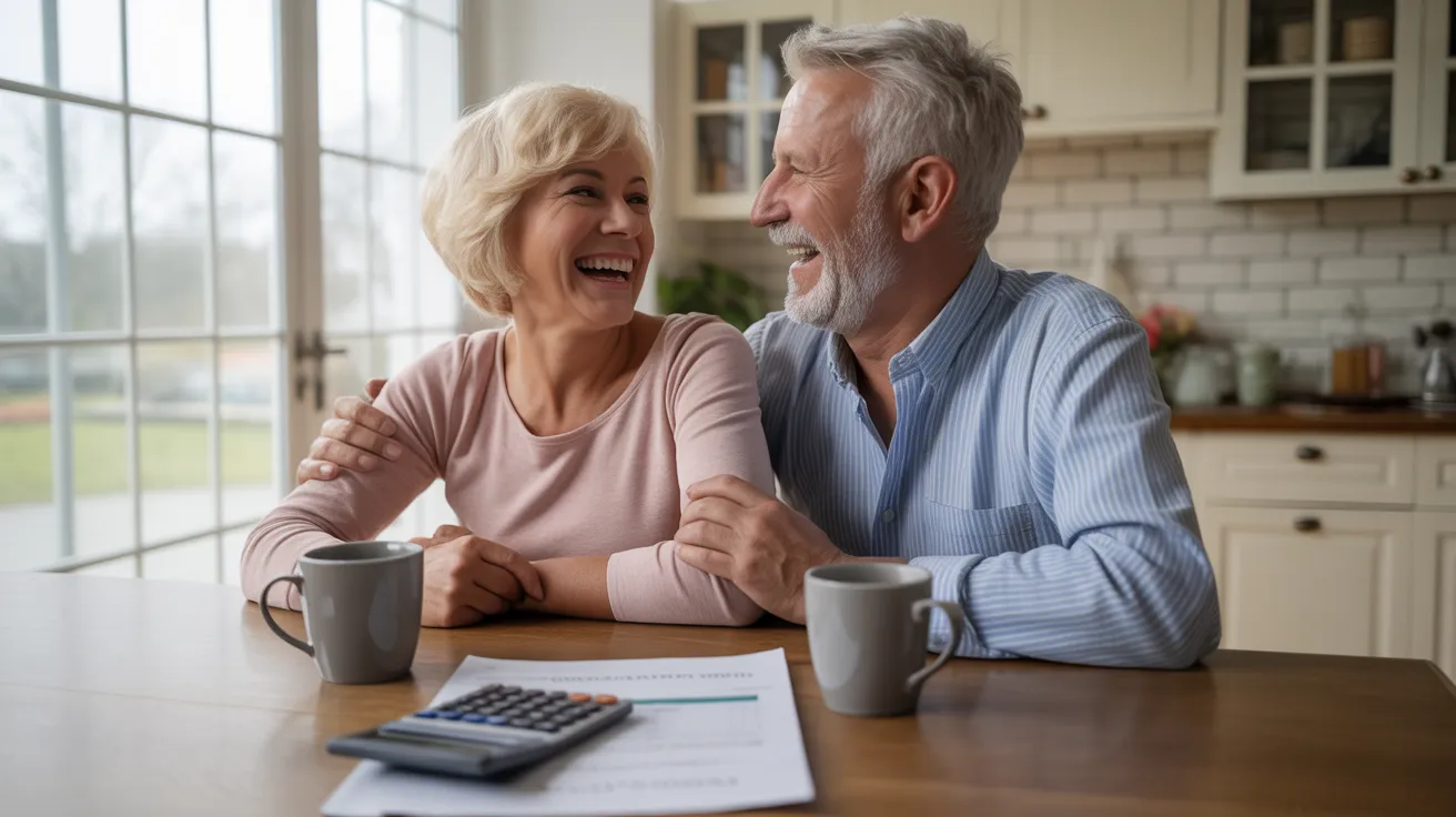 A senior man and woman smile joyfully at each other across a kitchen table with coffee mugs and out-of-focus financial papers.