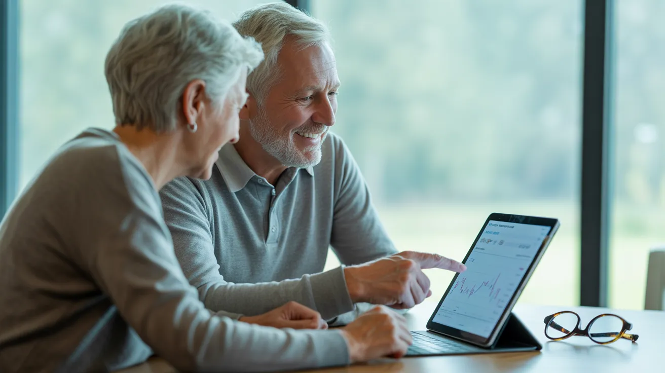 A smiling senior couple sits at a kitchen table with soft window light, looking together at a financial chart on a tablet.