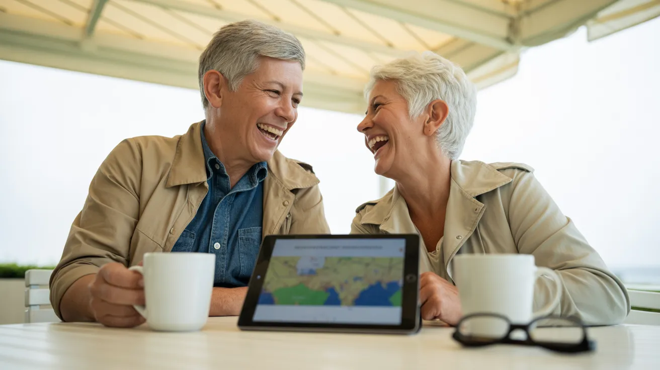 Two happy seniors laugh together while sitting at a patio table with coffee and a tablet, planning a trip.
