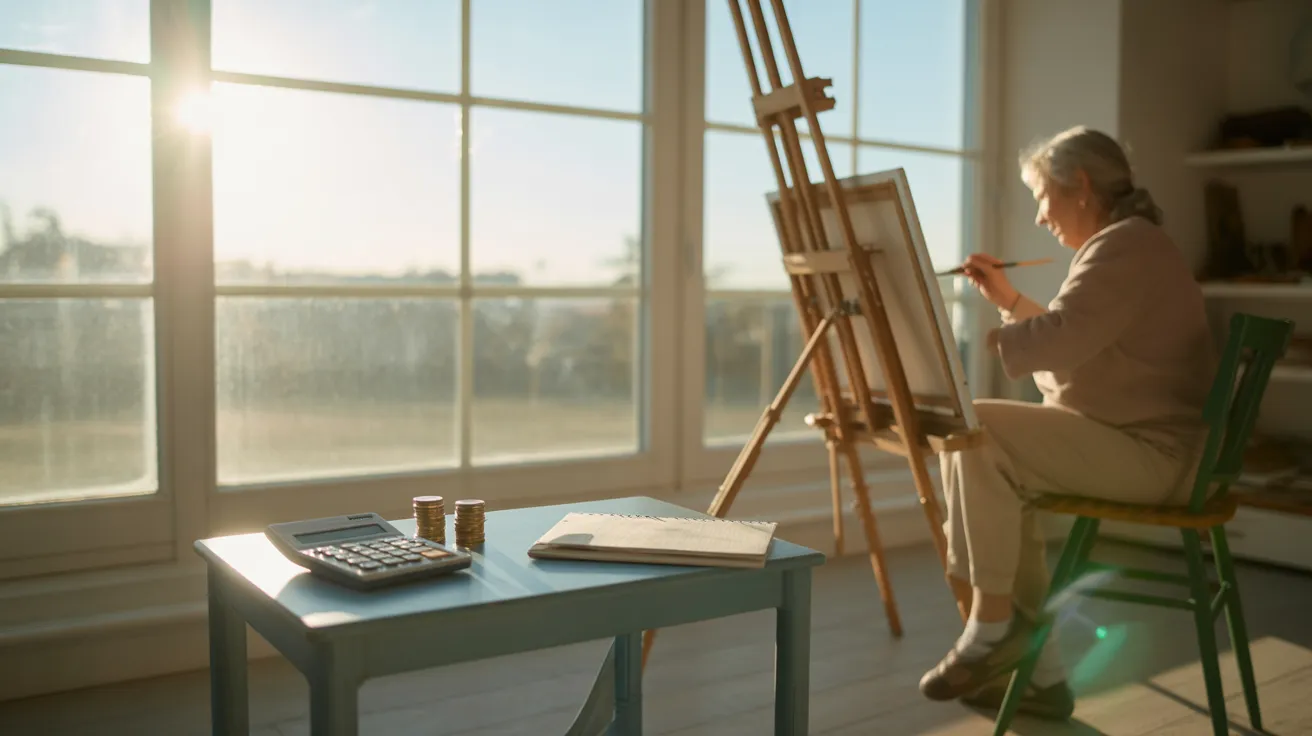 A senior woman paints at an easel in her studio with harsh sunlight. A nearby table holds a calculator and coins, symbolizing a side hustle.