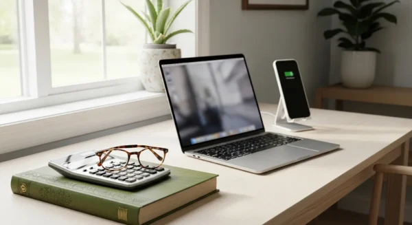 A home office desk with a modern laptop and an old ledger, symbolizing the transition to new financial technology for seniors.