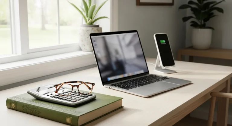 A home office desk with a modern laptop and an old ledger, symbolizing the transition to new financial technology for seniors.
