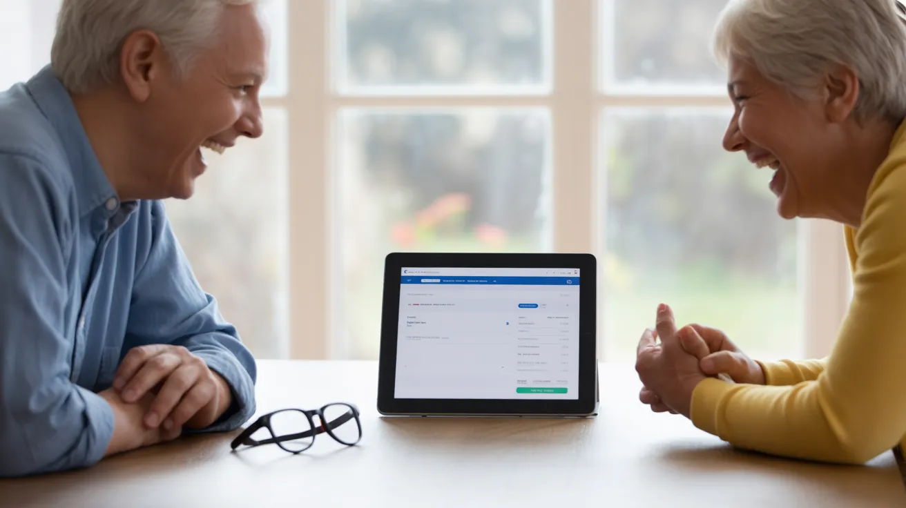 A senior couple laughs while looking at a banking app on a tablet at their kitchen table, with reading glasses nearby.