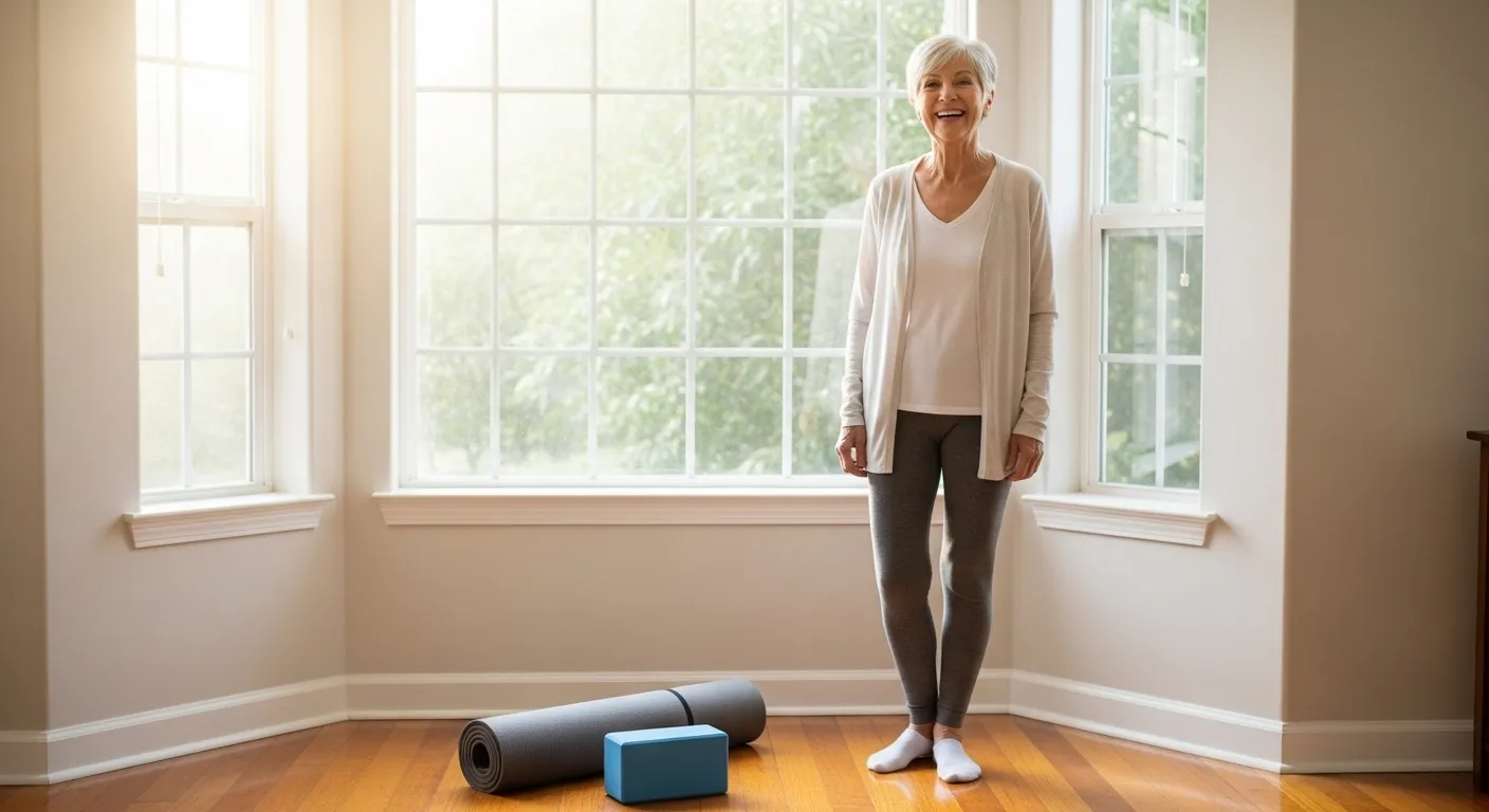 A smiling senior woman stands in a bright living room corner next to her yoga mat, ready for a gentle workout.