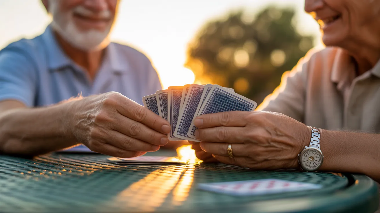 A close-up of two seniors' hands holding playing cards during a game on a patio table in the warm glow of sunset.