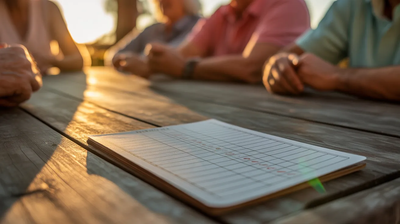 Close-up of a blurred scorecard and pen on an outdoor table at sunset, with a group of friends playing cards out of focus in the background.