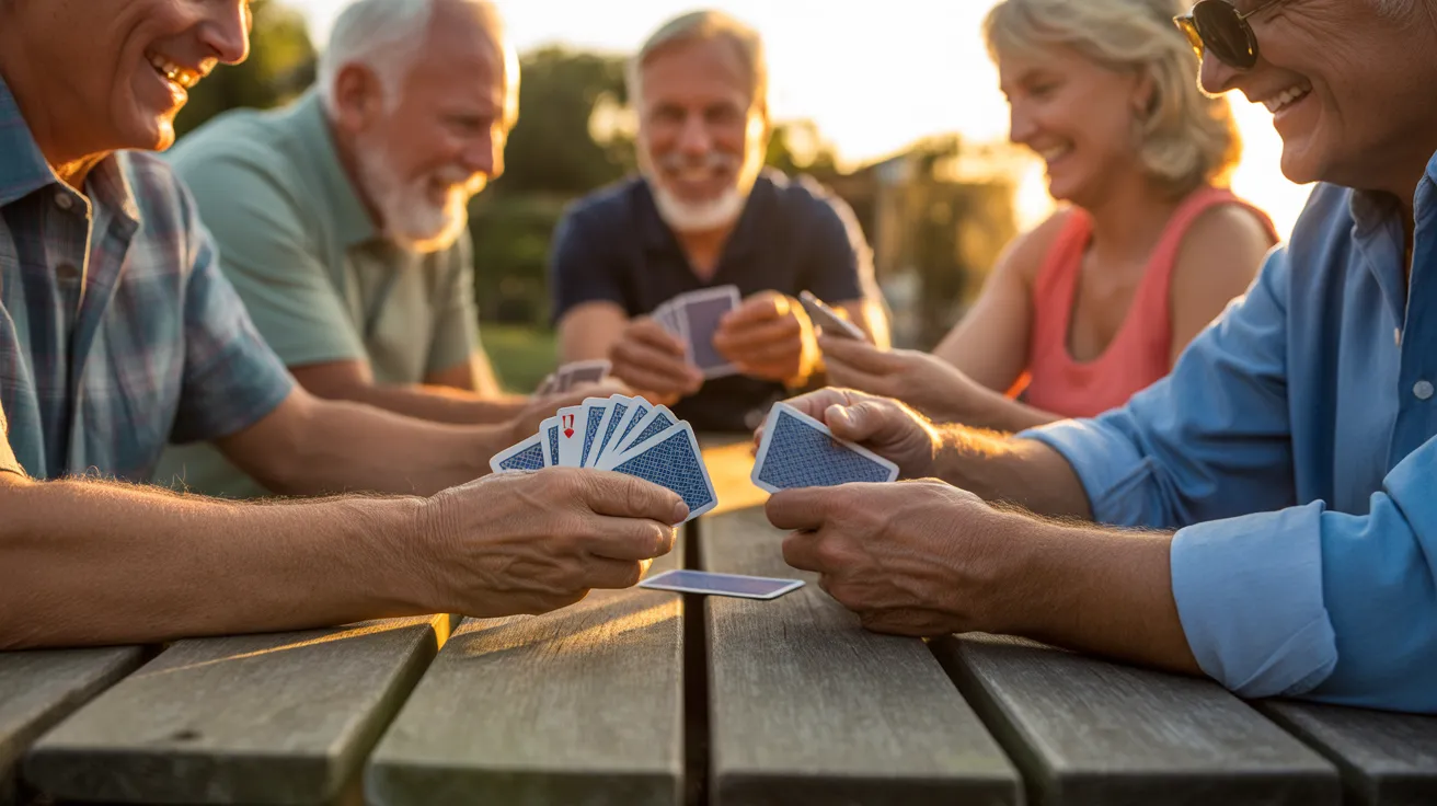 A close-up of several seniors' hands holding playing cards around a wooden table in the warm light of golden hour.