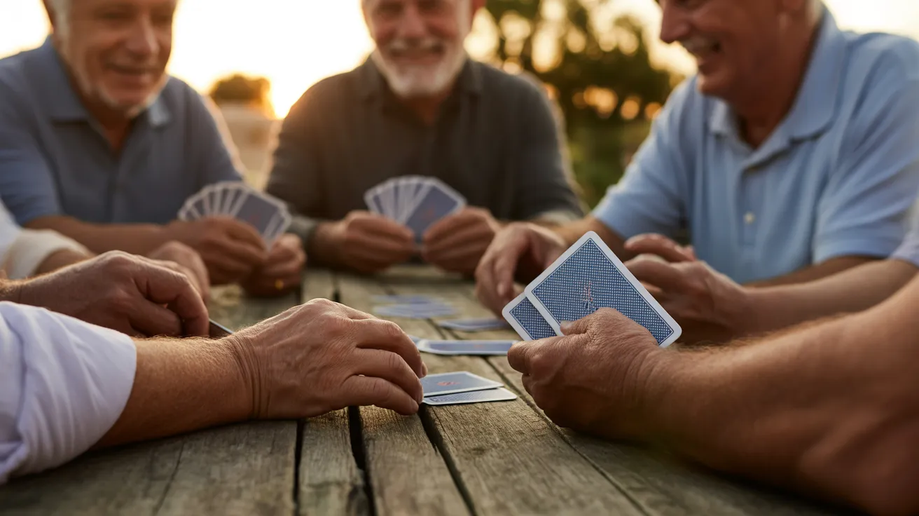A close-up of several seniors' hands playing a card game on an outdoor table during a warm, golden sunset.