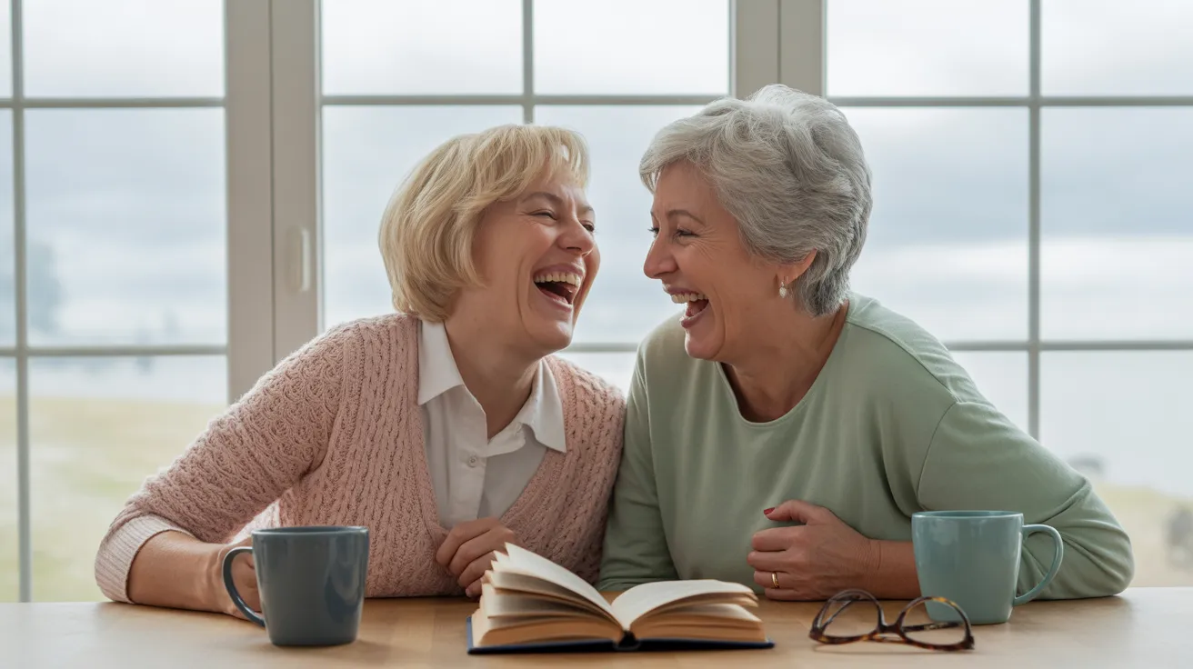 Two senior women laugh together while sitting at a kitchen table with coffee and a book, brightly lit by a window on an overcast day.