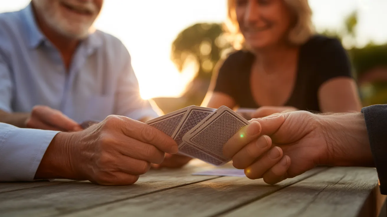 A close-up of two seniors' hands holding playing cards during a game on an outdoor table at sunset.