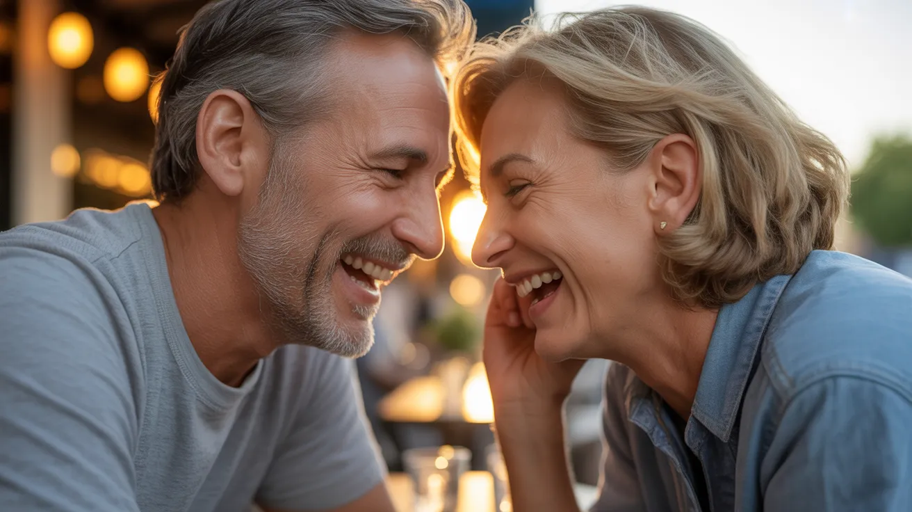 Close up on the smiling faces of two diverse senior friends laughing together outdoors at a table during a warm sunset.