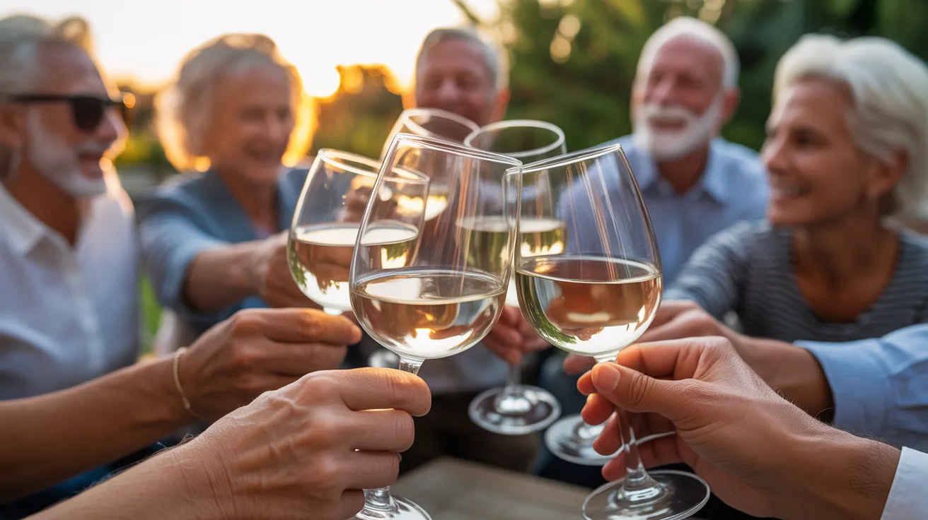 A close-up of glasses clinking in a toast, held by a group of older friends enjoying a happy moment outdoors at sunset.