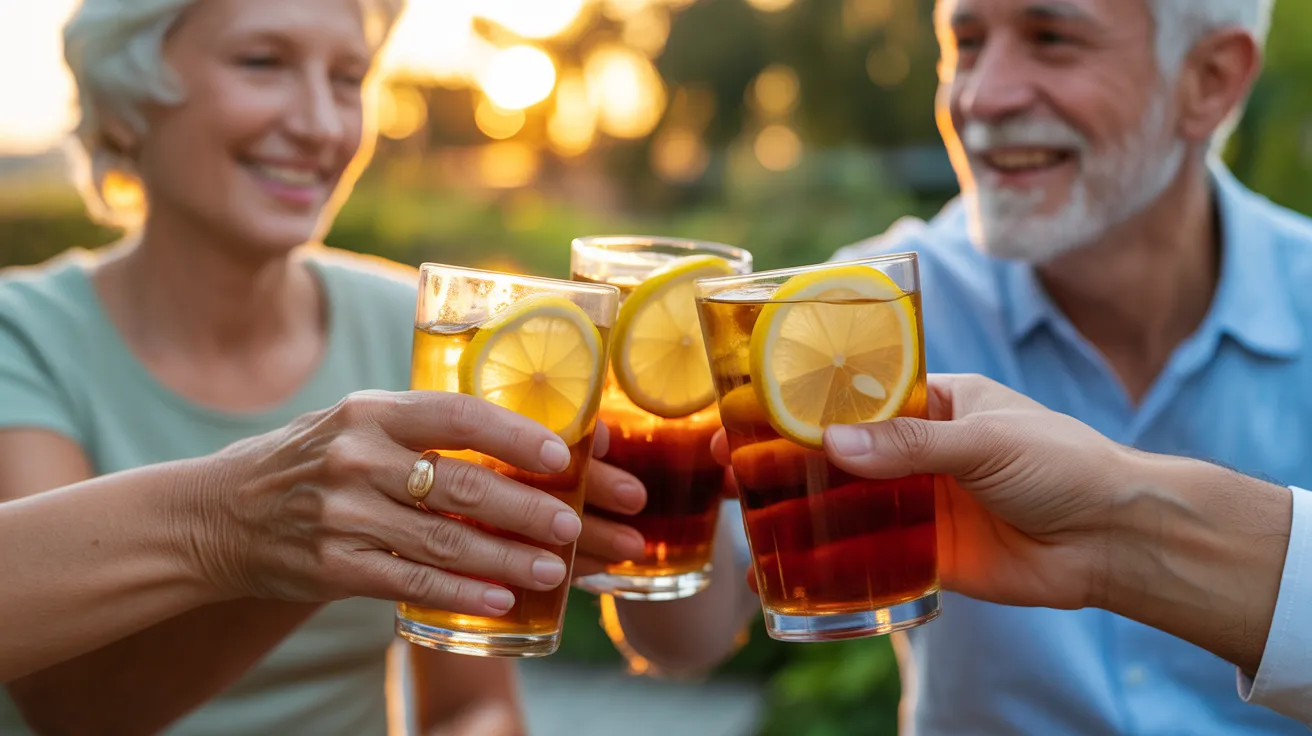Close-up of several older hands toasting with glasses of iced tea in the warm light of a sunset on a patio.