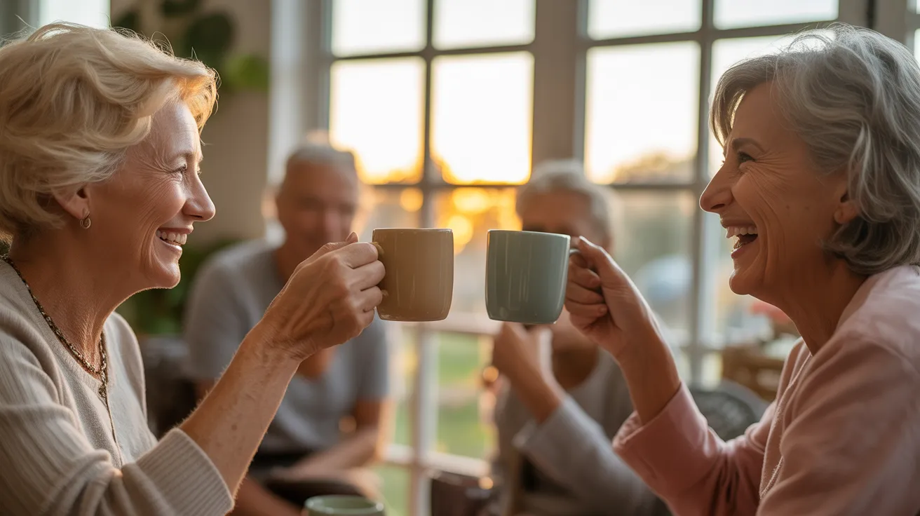 Two smiling senior women toast with coffee mugs in a brightly lit sunroom, their faces lit by the warm glow of a setting sun.