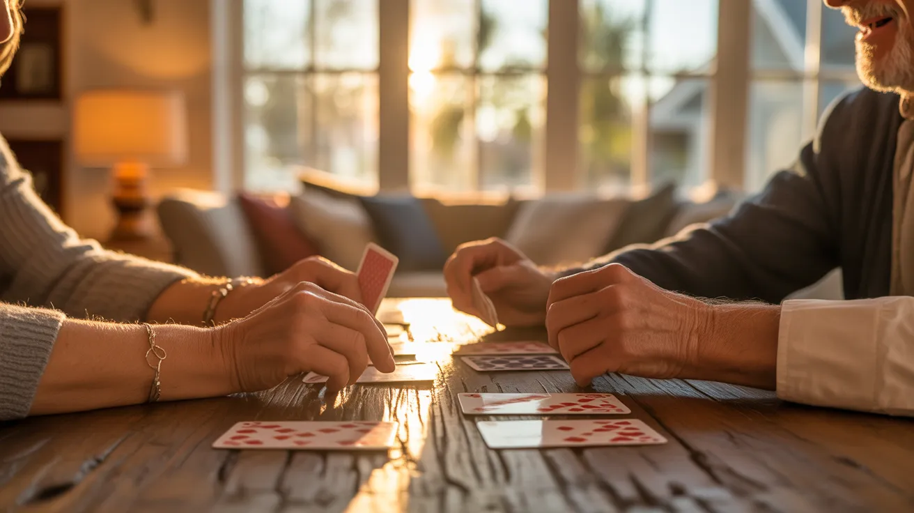A close-up of a card game in progress on a table, warmly lit by golden hour sunlight. The living room is softly blurred in the background.