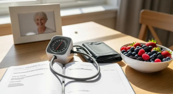 A wide view of a kitchen table with a wellness planner, blood pressure monitor, and a framed photo of a smiling senior woman.
