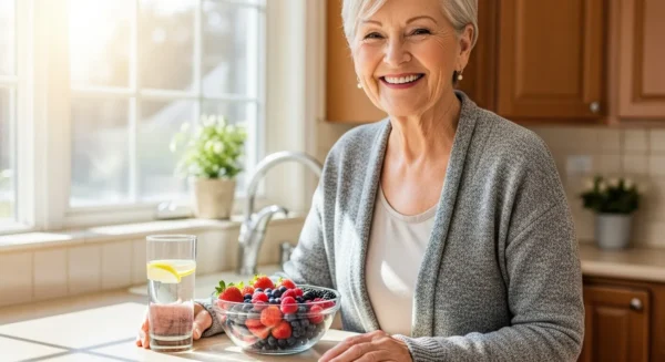 A senior woman smiles in her bright kitchen, with a bowl of fresh berries on the counter beside her.