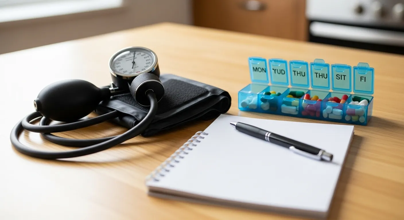 A blood pressure cuff, pill organizer, and notepad for planning, set on a wooden table in gentle daylight.