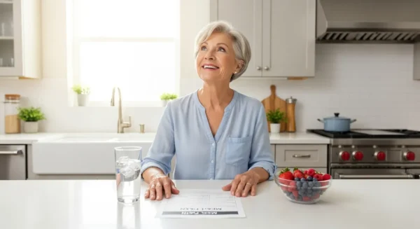 A happy senior in a bright kitchen with a bowl of fresh fruit and a glass of water, looking up from a meal planner.