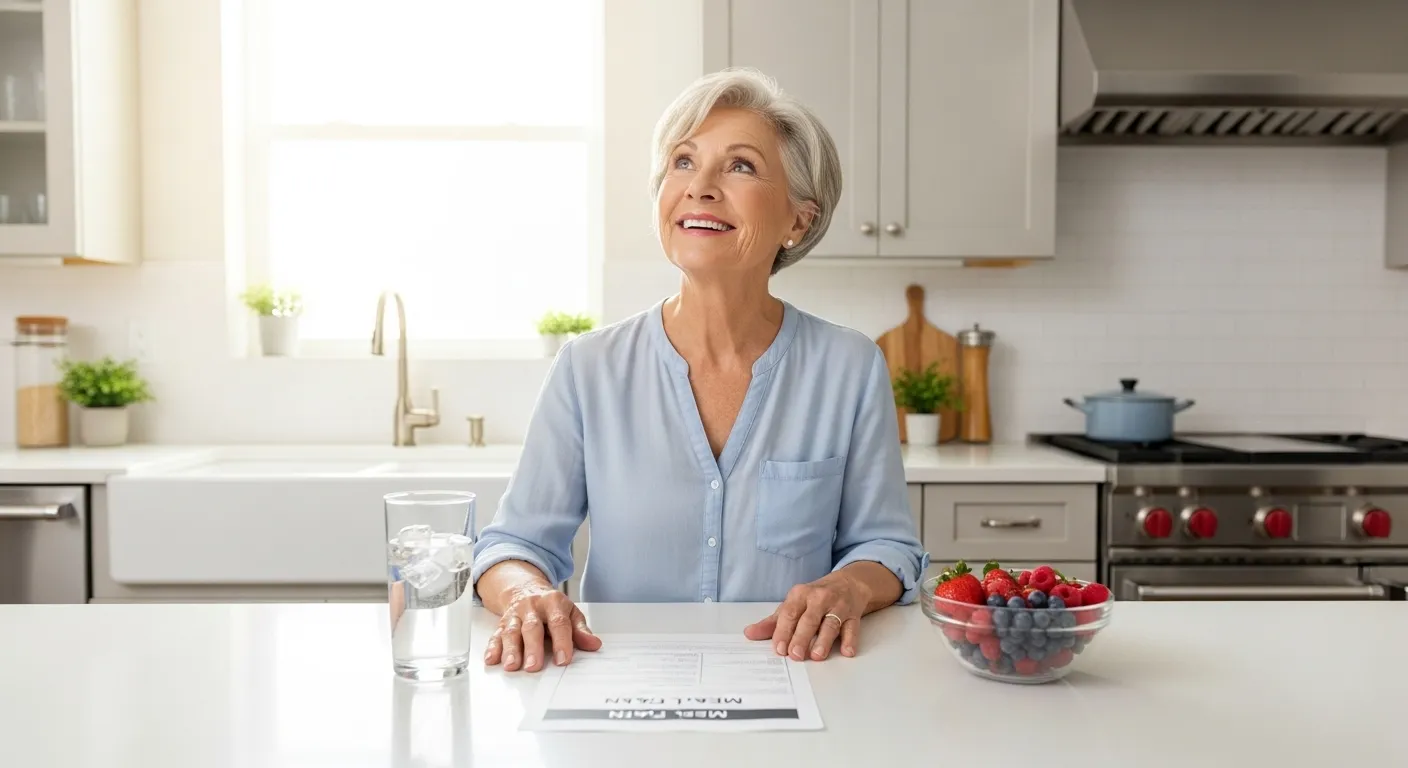 A happy senior in a bright kitchen with a bowl of fresh fruit and a glass of water, looking up from a meal planner.