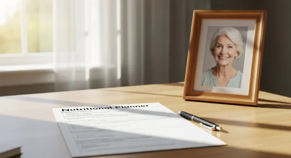 A desk with a blank nutritional planner and a pen, next to a framed photo of a smiling older woman.