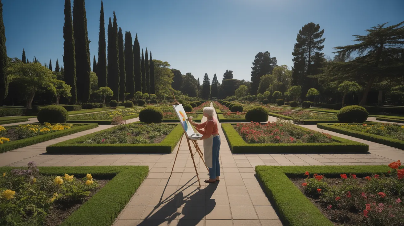 A senior woman paints at an easel in a vast, sunny botanical garden. The shot is very wide, showing the scale of the park around her.