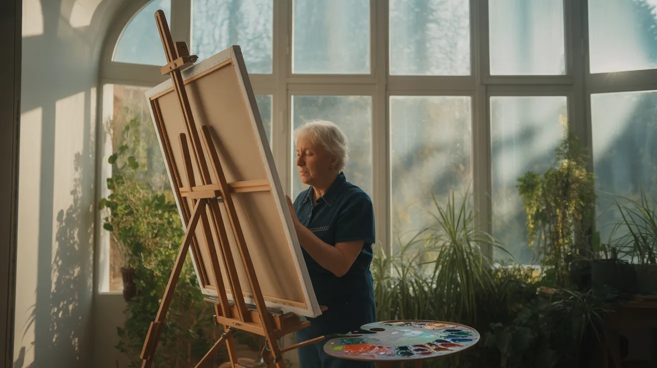 An ultra-wide view of a senior absorbed in painting at an easel in a studio drenched in harsh midday sun, creating strong shadows.