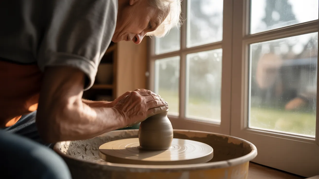 An ultra-wide view of a home art studio. A senior is at a pottery wheel in a bright beam of harsh sunlight.