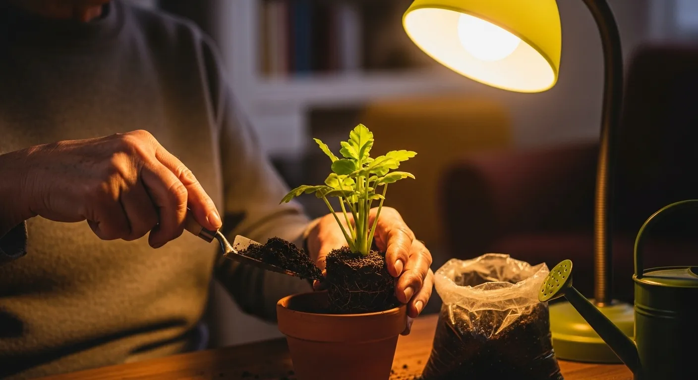 A close-up on the hands of a senior carefully repotting a small green plant, illuminated by a warm lamp in the evening.