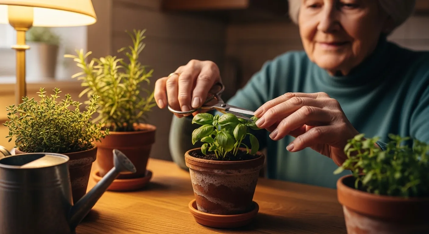 Close-up of a senior's hands caring for small pots of herbs in a kitchen, lit by a warm lamp at night, conveying a sense of peace.