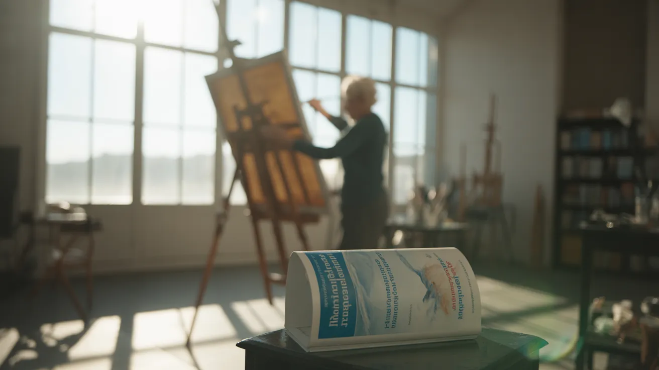 An ultra wide view of an art studio with a senior painting at an easel in harsh sunlight. A blurred health pamphlet is on a nearby table.