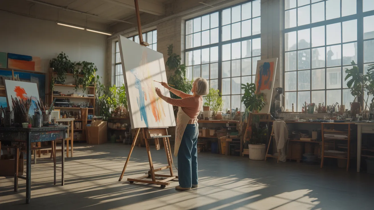 A senior woman paints at an easel in a spacious, sunlit artist studio, viewed from a distance. The room is filled with art supplies.