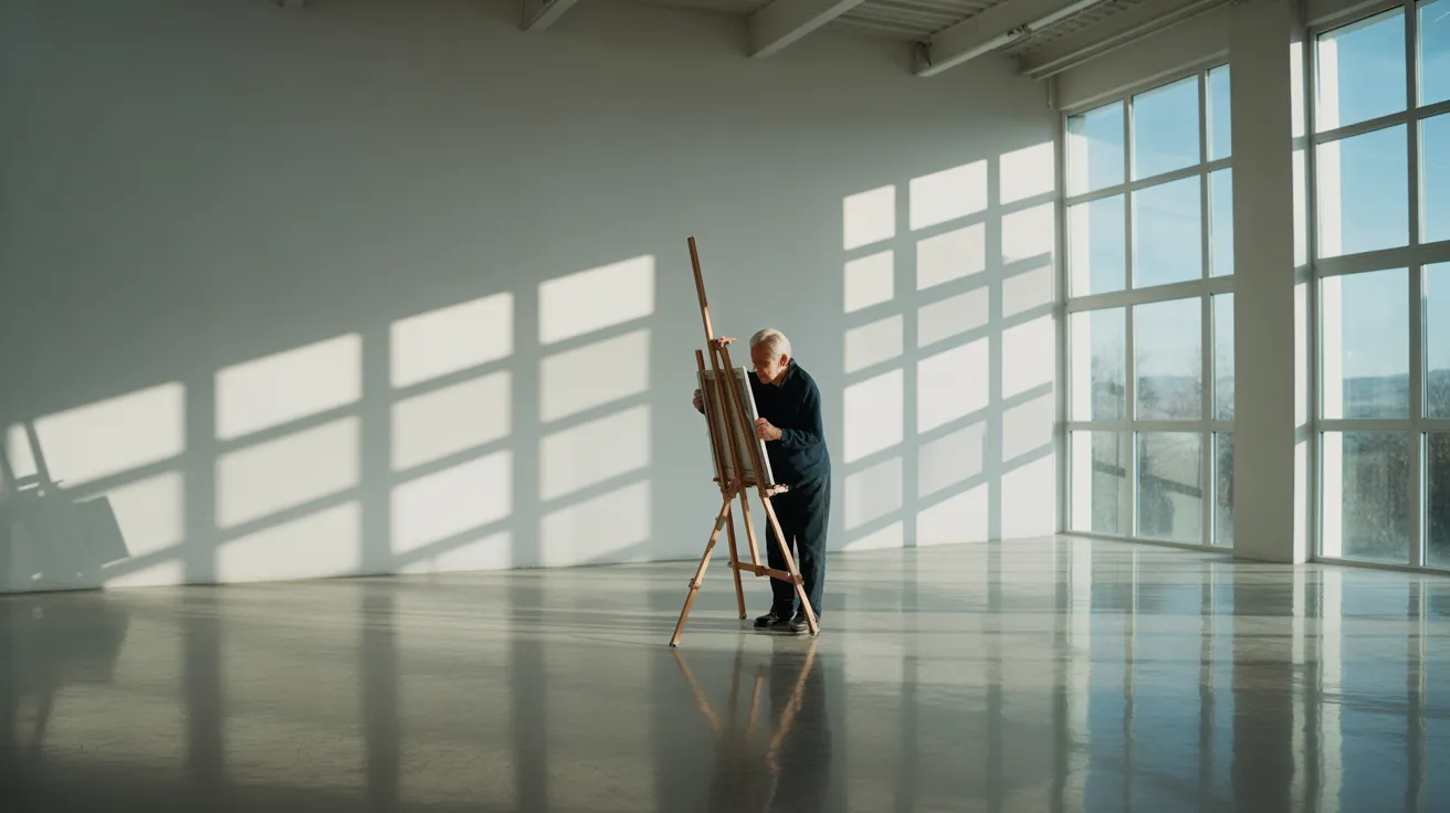 An ultra-wide view of a minimalist artist's studio. A senior painter stands at an easel, bathed in harsh sunlight from a large window.