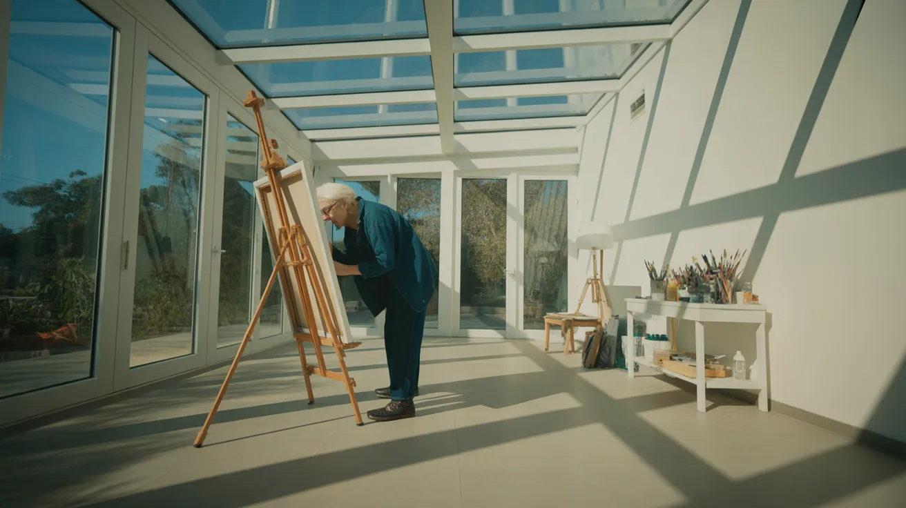 A senior artist paints at an easel in a bright, sun-filled room. The wide view shows the entire creative space under harsh midday light.