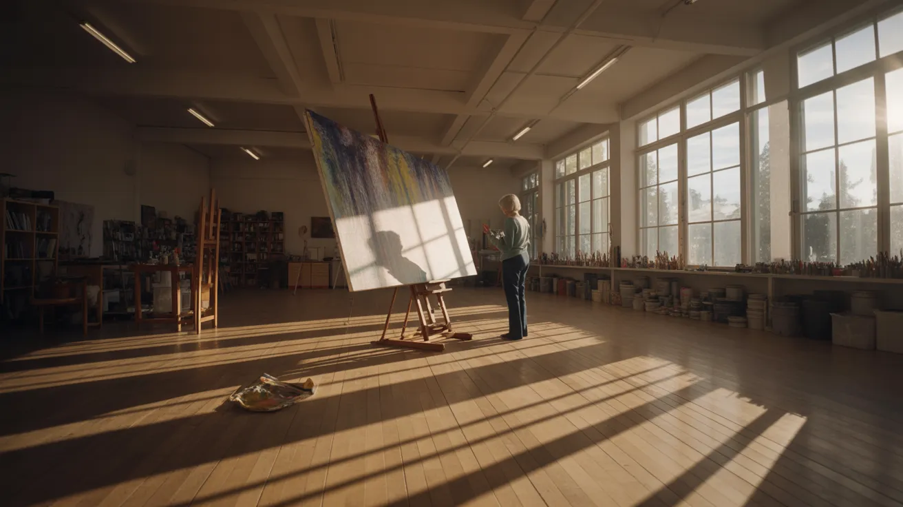 An ultra-wide view of a senior woman painting in a spacious, sunlit art studio. Strong sunlight creates sharp shadows.