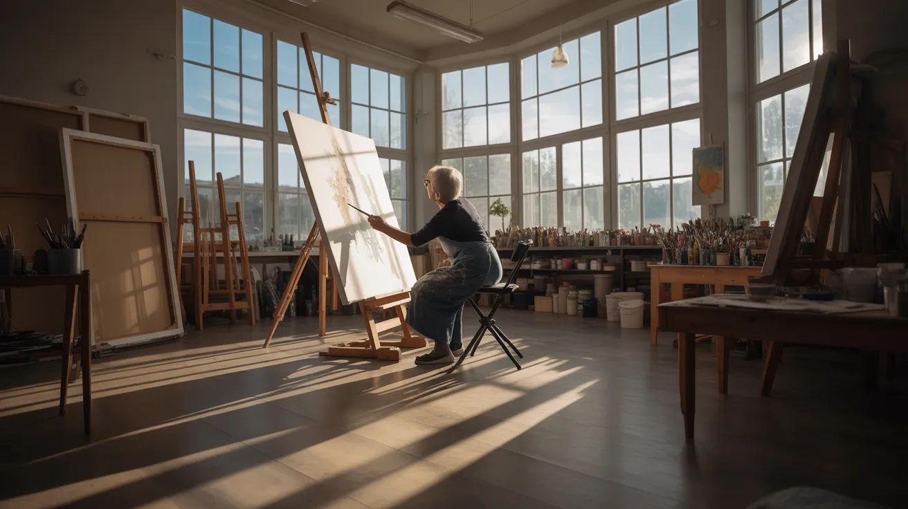 A senior woman paints at an easel in a bright art studio. Harsh sunlight casts long shadows across the room, which is full of creative supplies.