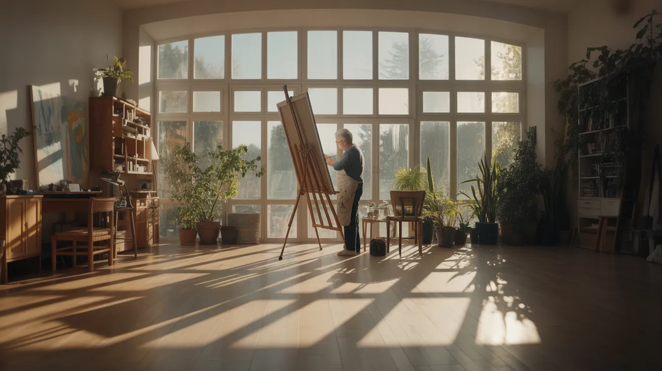 An ultra-wide view of a bright artist's studio where a senior is painting at an easel, with strong midday sunlight creating stark shadows.