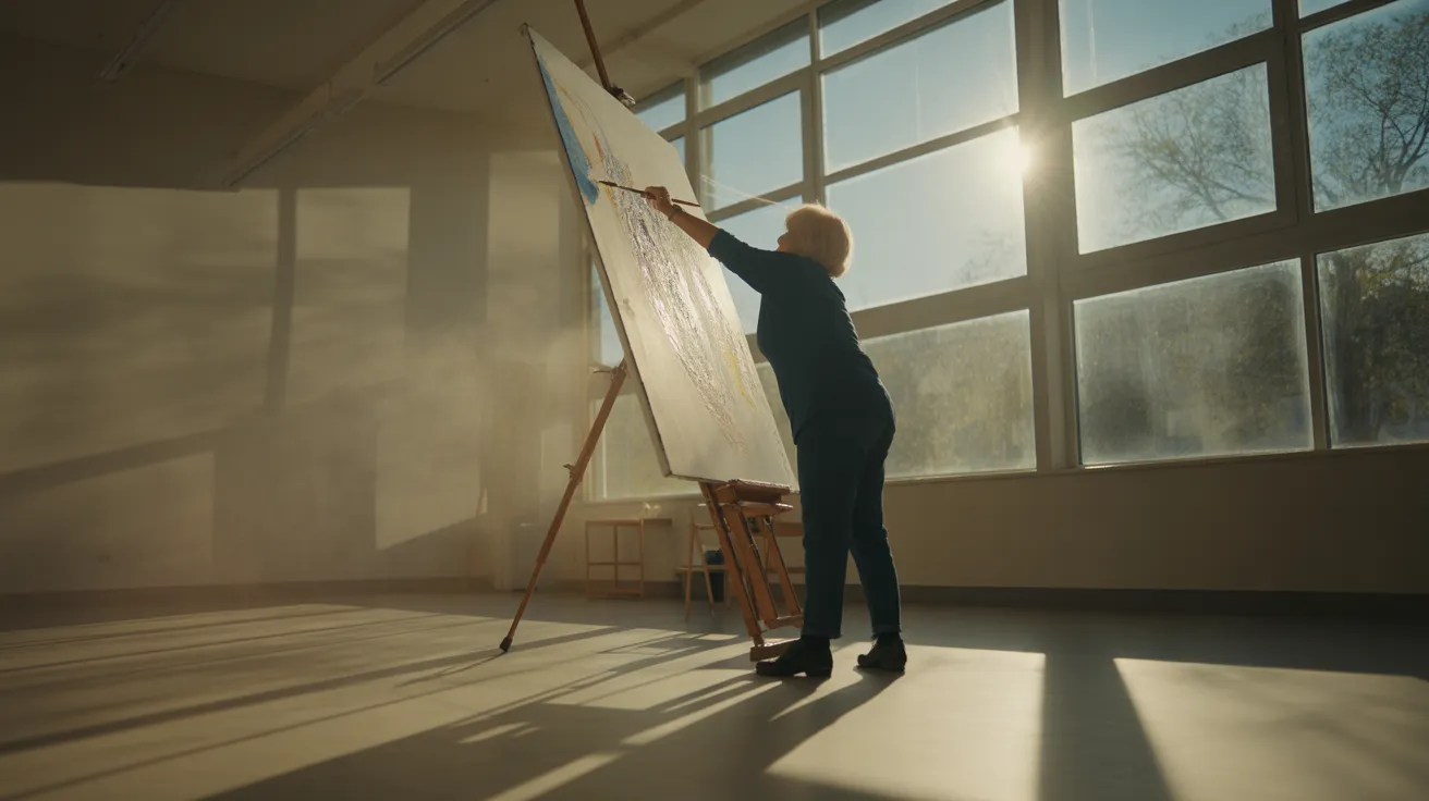 An ultra-wide view of a senior woman painting in a bright studio. Harsh sunlight creates strong shadows on the wooden floor.