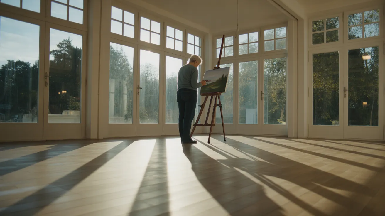 An ultra-wide view of a sun-drenched room where a senior is focused on painting at an easel. Harsh midday light casts strong shadows.