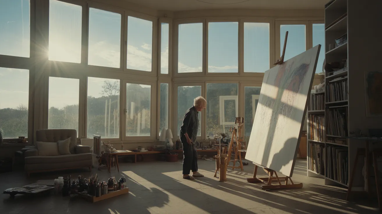 A senior artist paints in their bright studio. The ultra-wide photo shows the entire room under harsh sunlight, emphasizing their creative hobby.