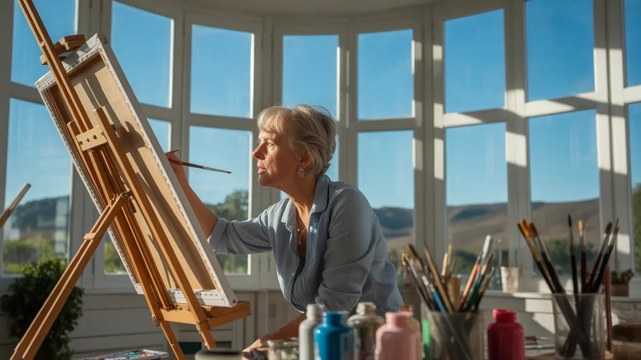 A senior woman paints at an easel in a sunlit room. The ultra-wide photo shows her entire workspace and the strong midday light creating sharp shadows