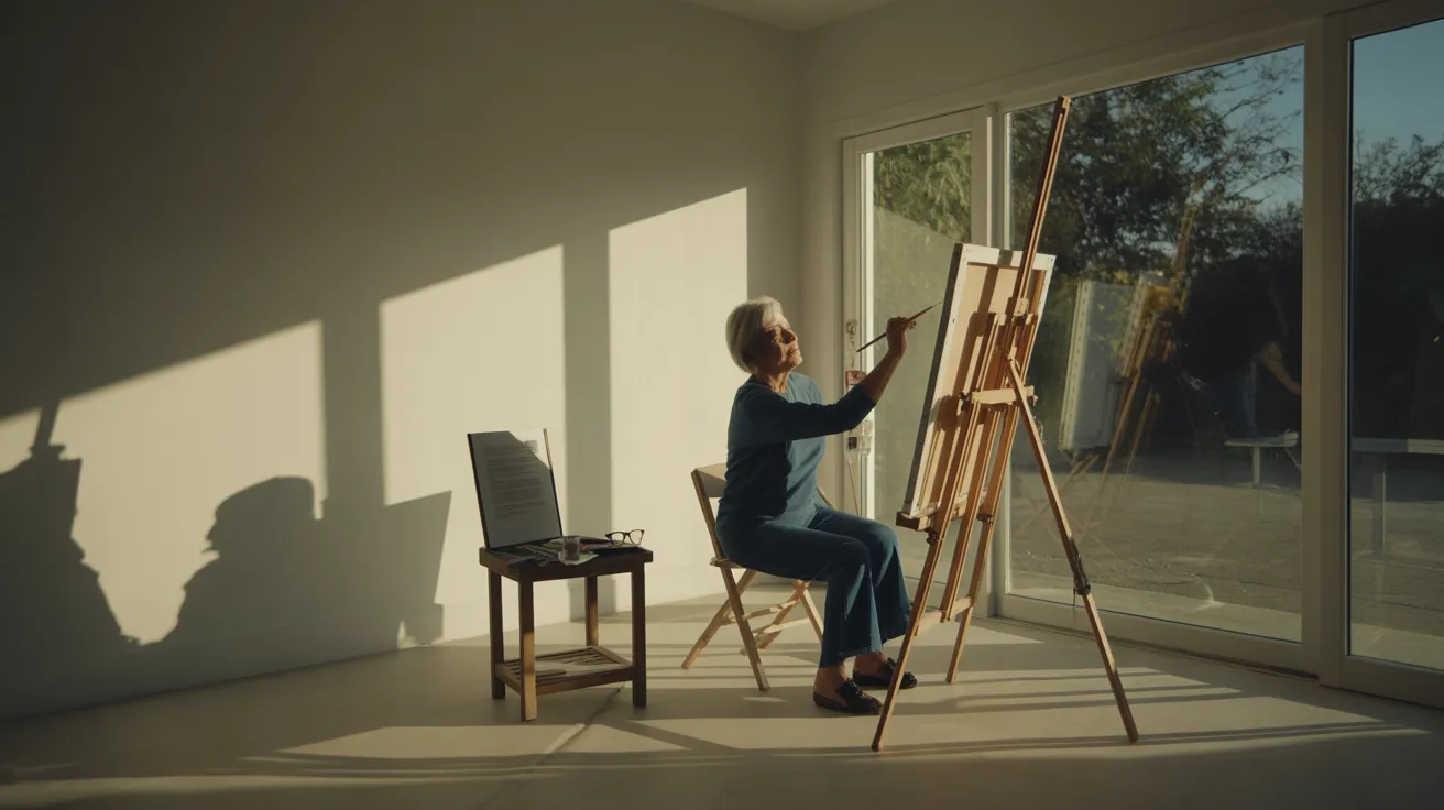 A senior woman paints in a bright studio. An out-of-focus form and glasses are on a nearby table. Harsh sunlight creates strong shadows.