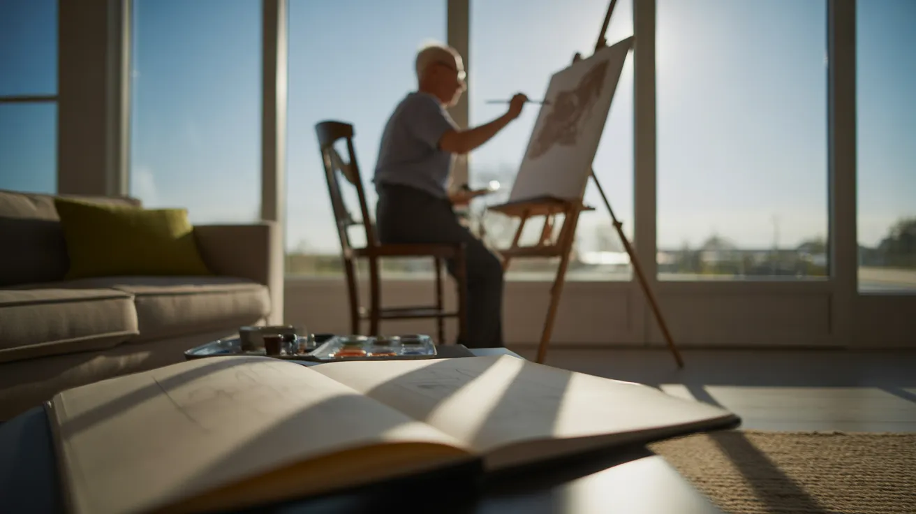 A senior person painting on a canvas in a bright room with harsh sunlight and long shadows. An open sketchbook is on a table in the foreground.